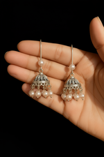 Load image into Gallery viewer, Silver Pearl Drop Jhumka Earrings