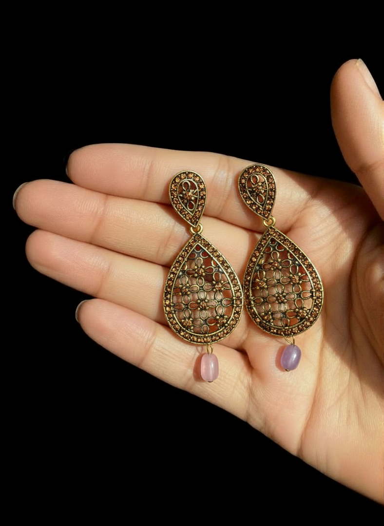 Antique Gold Teardrop Earrings with Pink Bead Drop