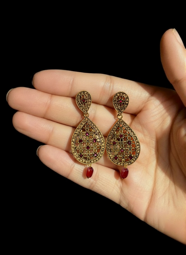 Antique Gold Teardrop Earrings with Red Bead Drop