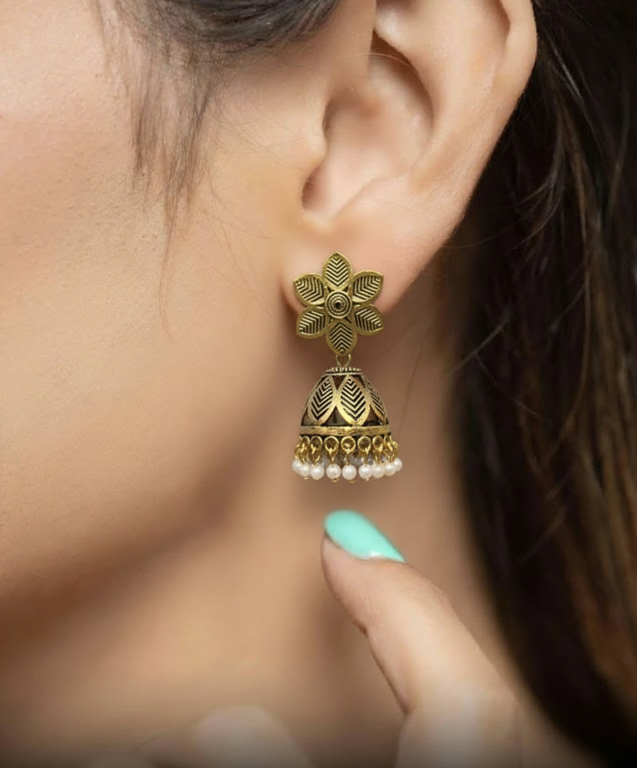 Antique Floral Jhumka Earrings with Pearl Drops