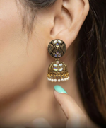 Load image into Gallery viewer, Antique Gold Jhumka Earrings with White Kundan Stones & Pearl Drops