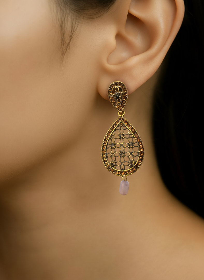 Antique Gold Teardrop Earrings with Pink Bead Drop