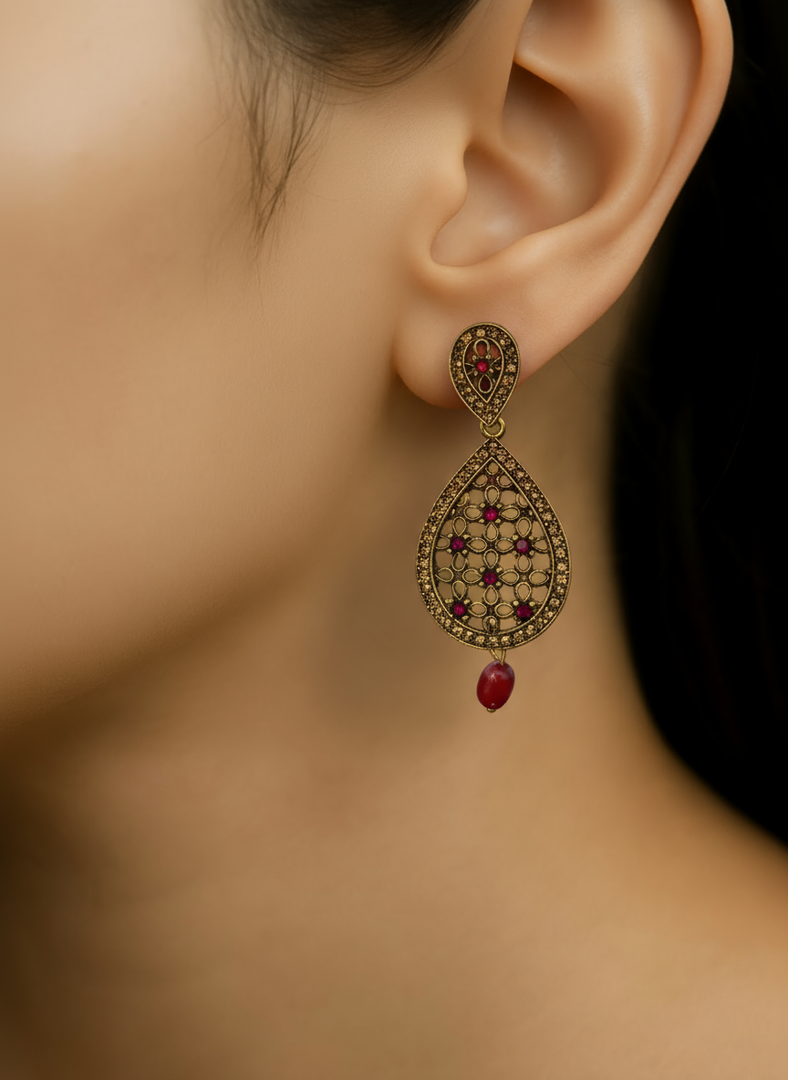 Antique Gold Teardrop Earrings with Red Bead Drop