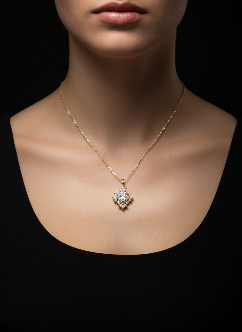 Golden Pendant Necklace with Floral Diamond Halo