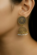 Load image into Gallery viewer, Antique Gold Jhumka Earrings with Pearl
