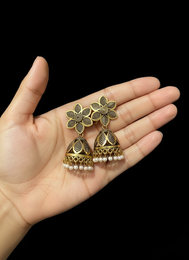 Antique Floral Jhumka Earrings with Pearl Drops