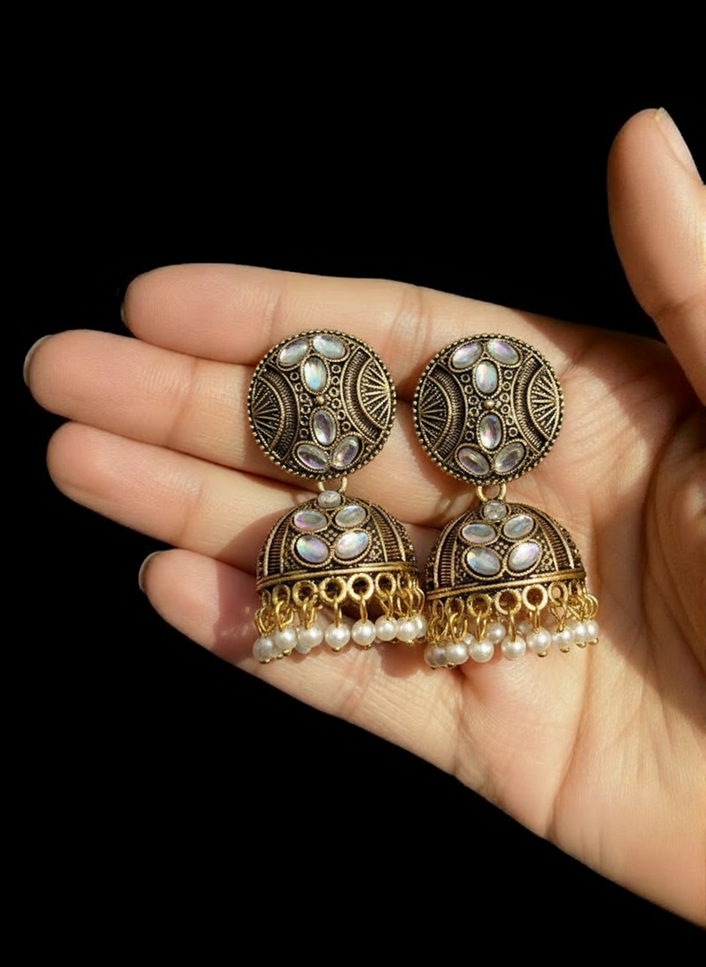 Antique Gold Jhumka Earrings with White Kundan Stones & Pearl Drops