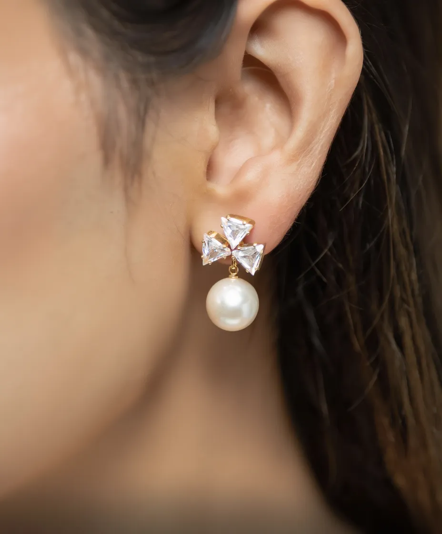 Crystal Bow Pearl Drop Earrings