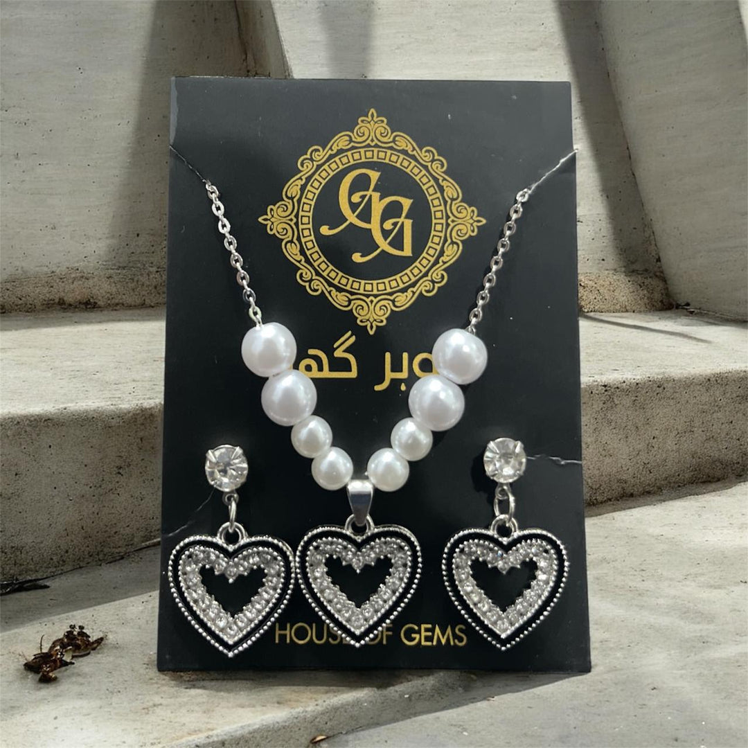 Silver Heart Pendant Necklace & Earrings Set with Pearls